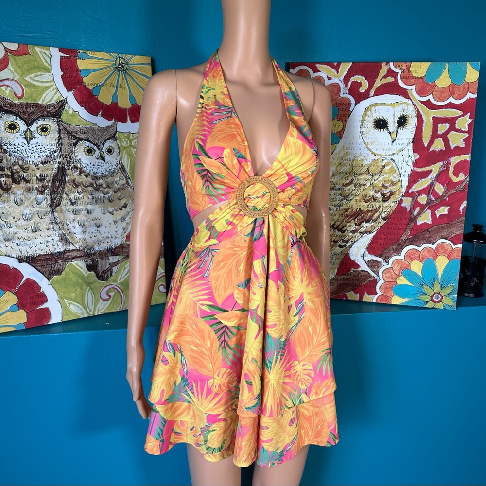Shein Dress Tropical Print Layered Hem Tie Backless Halter Hawaiian Sun‎ Dress - Picture 6 of 10
